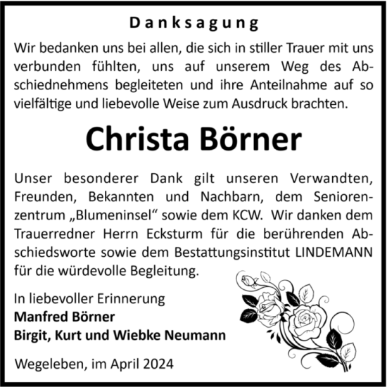 Traueranzeige von Christa Börner von Volksstimme Halberstadt