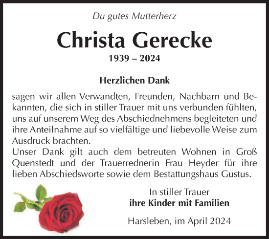 Traueranzeige von Christa Gerecke von Volksstimme Halberstadt