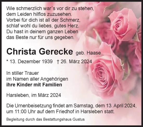 Traueranzeige von Christa Gerecke von Volksstimme Halberstadt