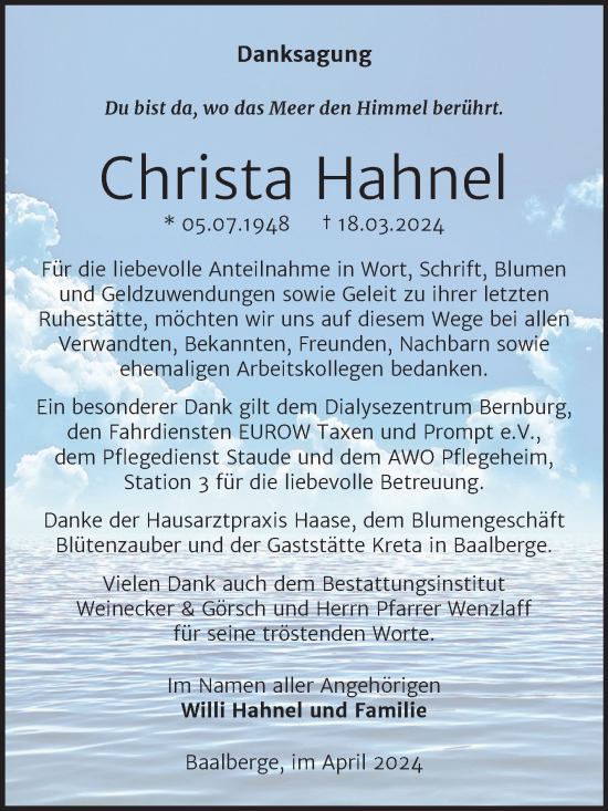 Traueranzeige von Christa Hahnel von Trauerkombi Bernburg