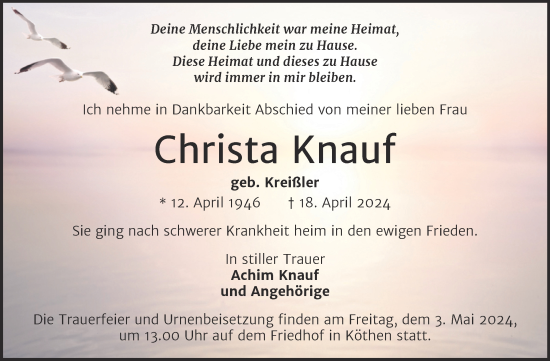 Traueranzeige von Christa Knauf von Trauerkombi Köthen