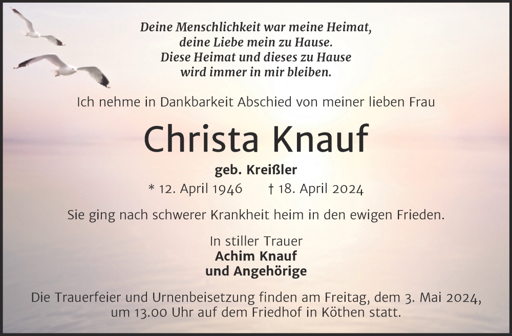  Traueranzeige für Christa Knauf vom 27.04.2024 aus Trauerkombi Köthen