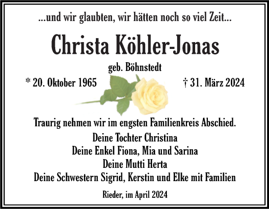 Traueranzeige von Christa Köhler-Jonas von Trauerkombi Quedlinburg