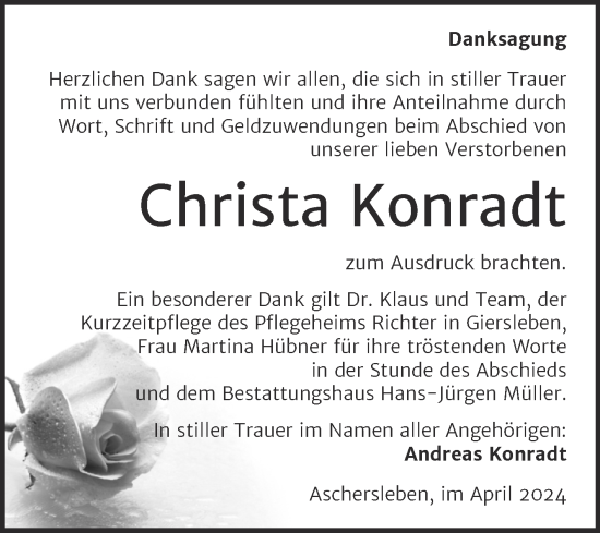 Traueranzeige von Christa Konradt von Trauerkombi Aschersleben