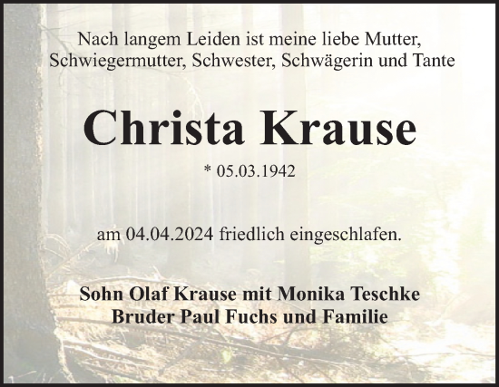 Traueranzeige von Christa Krause von Trauerkombi Dessau