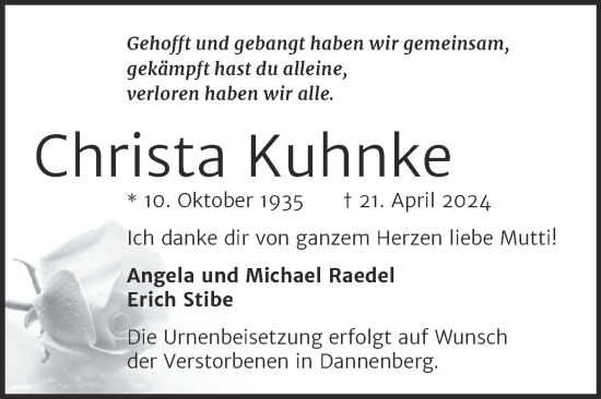 Traueranzeige von Christa Kuhnke von Trauerkombi Bitterfeld