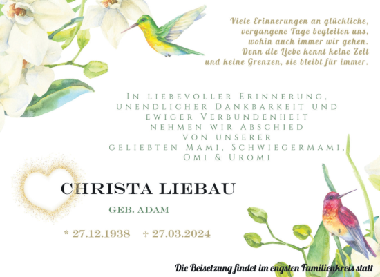 Traueranzeige von Christa Liebau von Trauerkombi Merseburg