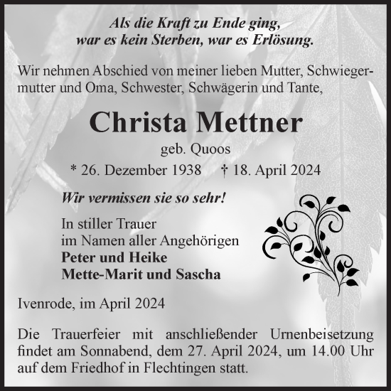 Traueranzeige von Christa Mettner von Volksstimme Haldensleben/Wolmirstedt