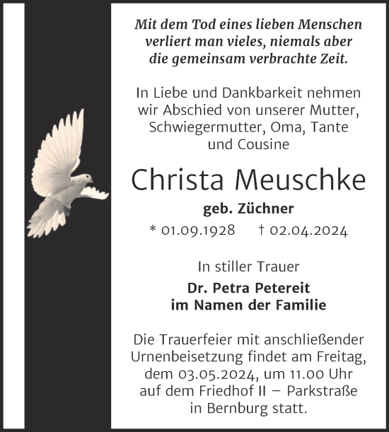 Traueranzeige von Christa Meuschke von Trauerkombi Bernburg