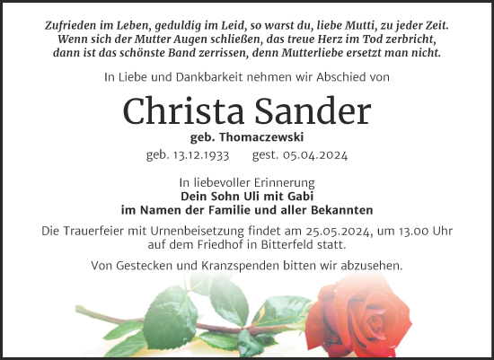 Traueranzeige von Christa Sander von Trauerkombi Bitterfeld