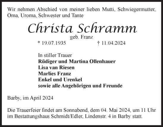 Traueranzeige von Christa Schramm von Volksstimme Schönebeck