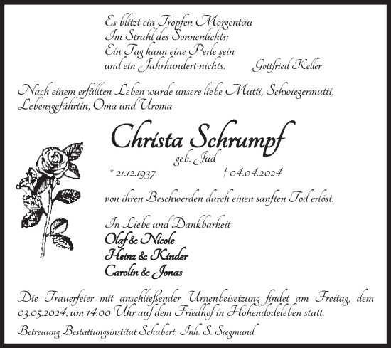 Traueranzeige von Christa Schrumpf von Volksstimme Magdeburg