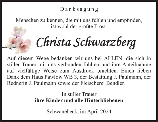 Traueranzeige von Christa Schwarzberg von Volksstimme Halberstadt