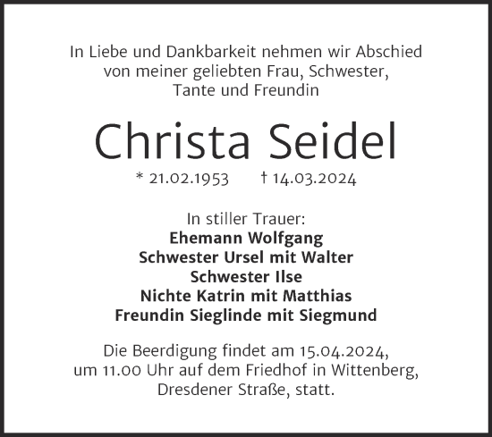 Traueranzeige von Christa Seidel von Trauerkombi Wittenberg