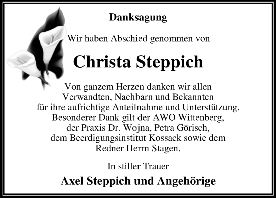 Traueranzeige von Christa Steppich von Trauerkombi Wittenberg
