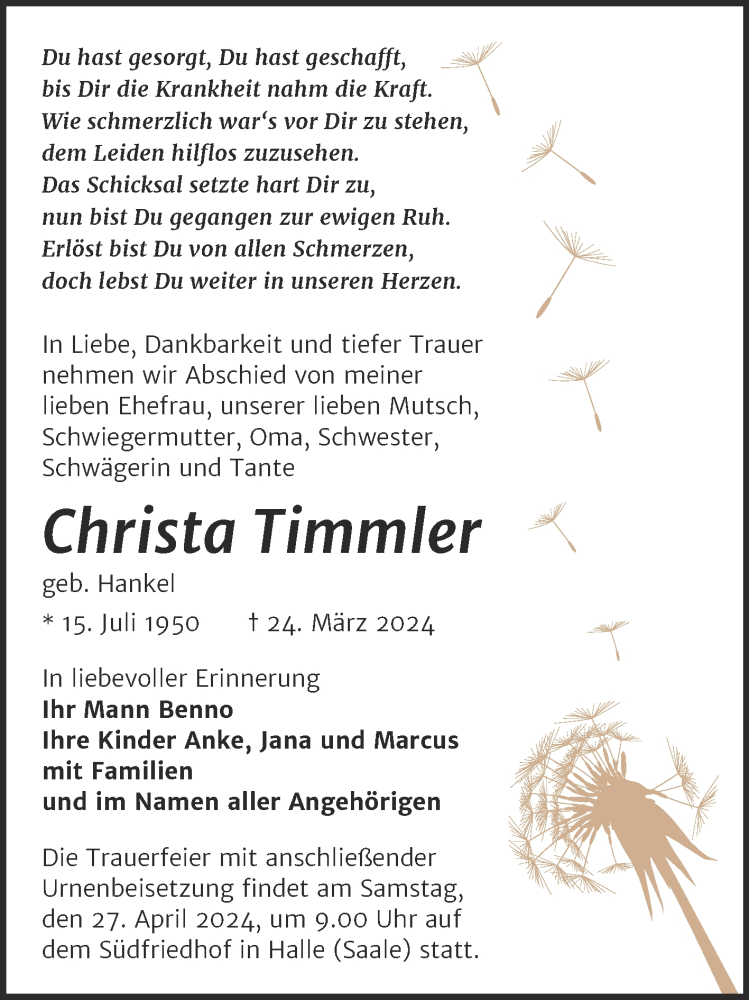  Traueranzeige für Christa Timmler vom 06.04.2024 aus Mitteldeutsche Zeitung Halle/Saalkreis