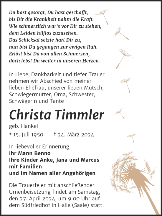Traueranzeige von Christa Timmler von Mitteldeutsche Zeitung Halle/Saalkreis