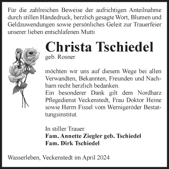 Traueranzeige von Christa Tschiedel von Volksstimme Wernigerode