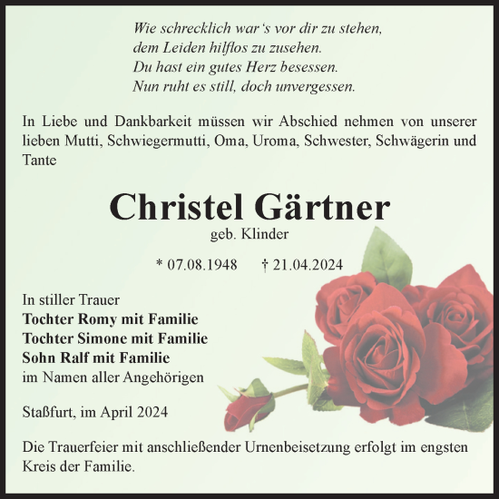 Traueranzeige von Christel Gärtner von Volksstimme Staßfurt