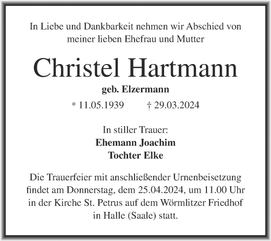 Traueranzeige von Christel Hartmann von Mitteldeutsche Zeitung Halle/Saalkreis