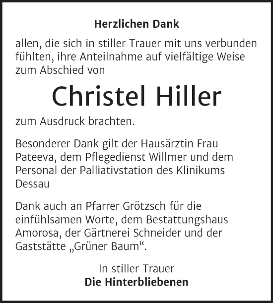 Traueranzeige von Christel Hiller von Trauerkombi Dessau