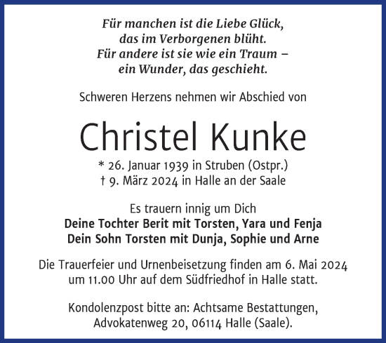 Traueranzeige von Christel Kunke von Mitteldeutsche Zeitung Halle/Saalkreis