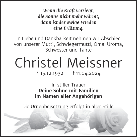 Traueranzeige von Christel Meissner von Trauerkombi Bitterfeld