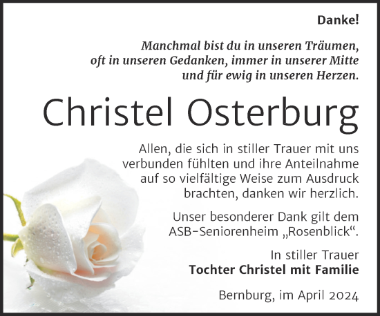 Traueranzeige von Christel Osterburg von Trauerkombi Bernburg