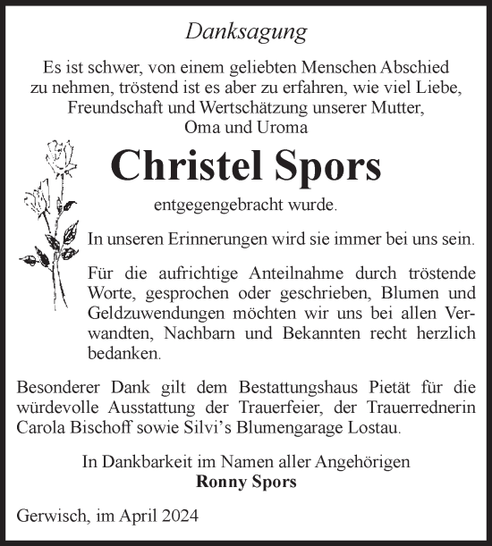Traueranzeige von Christel Spors von Volksstimme Burg/Genthin