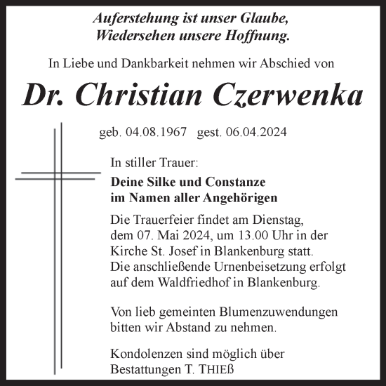 Traueranzeige von Christian Czerwenka von Trauerkombi Quedlinburg