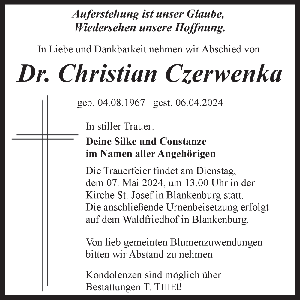  Traueranzeige für Christian Czerwenka vom 20.04.2024 aus Trauerkombi Quedlinburg