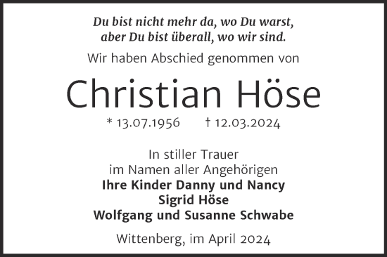 Traueranzeige von Christian Höse von Trauerkombi Wittenberg