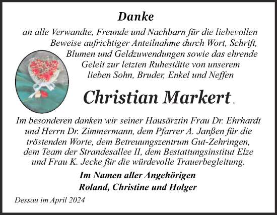 Traueranzeige von Christian Markert von Trauerkombi Dessau