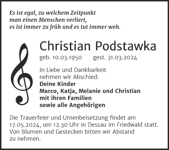 Traueranzeige von Christian Podstawka von Trauerkombi Köthen