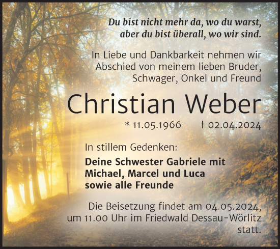 Traueranzeige von Christian Weber von Trauerkombi Wittenberg