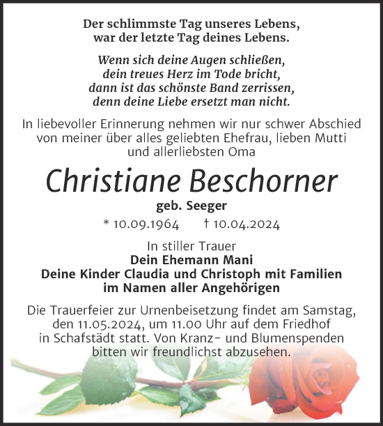 Traueranzeige von Christiane Beschorner von Trauerkombi Merseburg