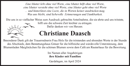 Traueranzeige von Christiane Daasch von Volksstimme Altmark West