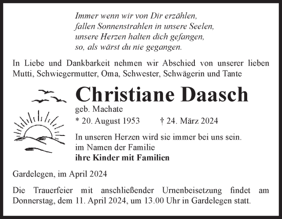 Traueranzeige von Christiane Daasch von Volksstimme Altmark West