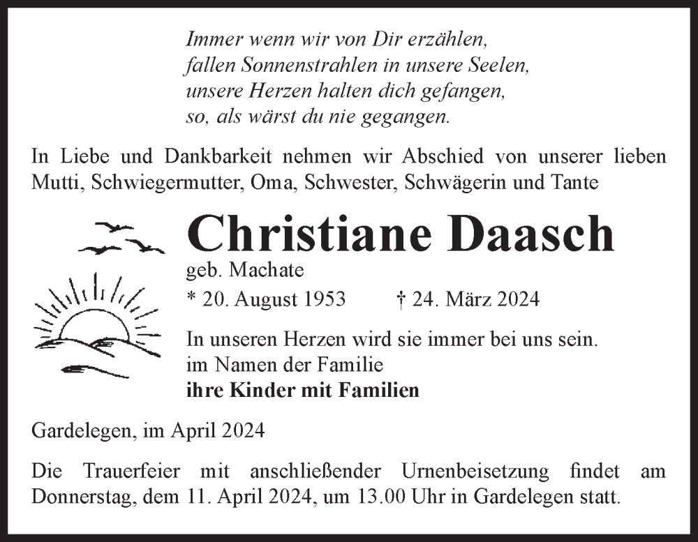  Traueranzeige für Christiane Daasch vom 03.04.2024 aus Volksstimme Altmark West