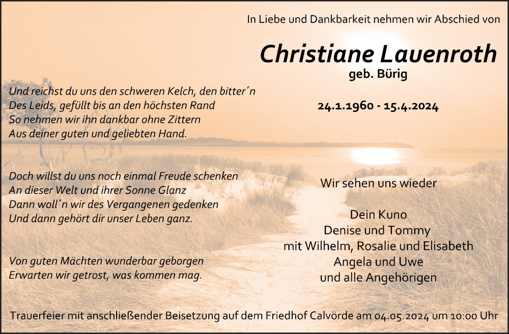  Traueranzeige für Christiane Lauenroth vom 30.04.2024 aus Volksstimme Haldensleben/Wolmirstedt