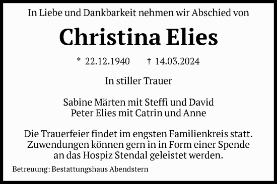 Traueranzeige von Christina Elies von Volksstimme Altmark Ost