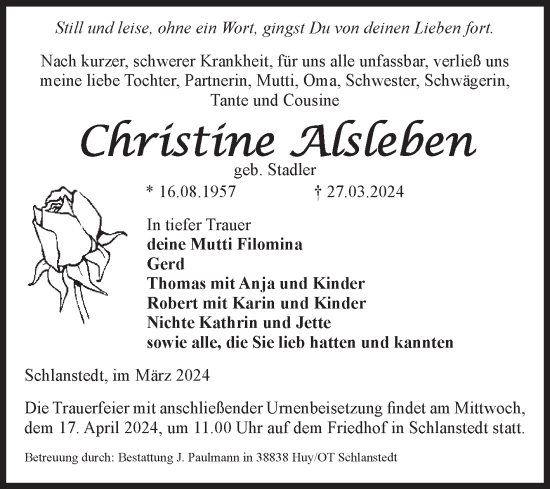 Traueranzeige von Christine Alsleben von Volksstimme Halberstadt