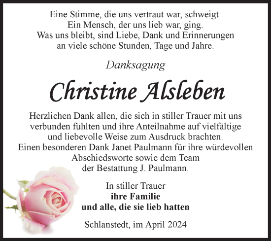 Traueranzeige von Christine Alsleben von Volksstimme Halberstadt