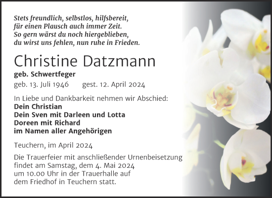 Traueranzeige von Christine Datzmann von Trauerkombi Weißenfels