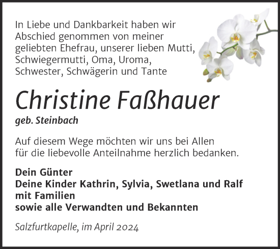 Traueranzeige von Christine Faßhauer von Trauerkombi Bitterfeld