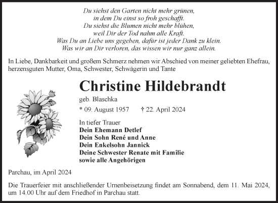 Traueranzeige von Christine Hildebrandt von Volksstimme Burg/Genthin