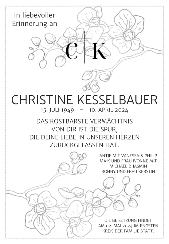Traueranzeige von Christine Kesselbauer von Trauerkombi Wittenberg