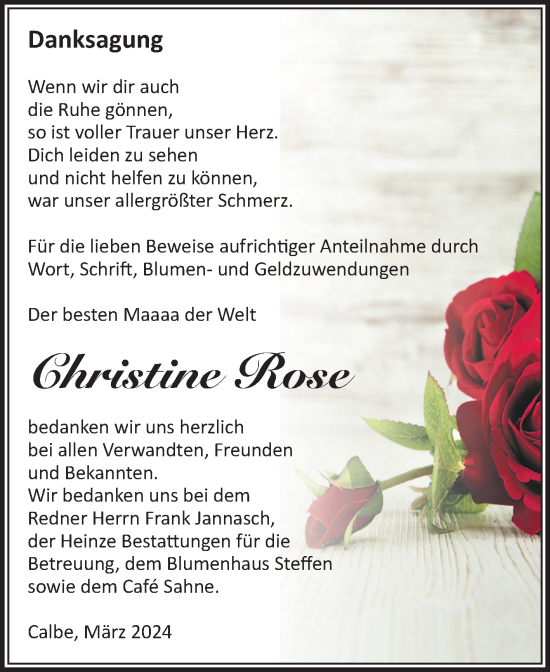 Traueranzeige von Christine Rose von Volksstimme Schönebeck