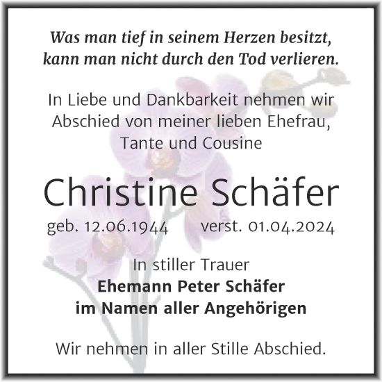 Traueranzeige von Christine Schäfer von Trauerkombi Weißenfels