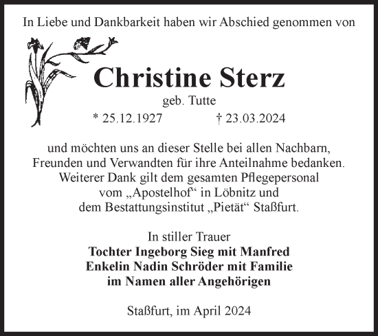 Traueranzeige von Christine Sterz von Volksstimme Staßfurt
